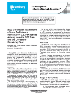 2022 Colombian Tax Reform – Some Preliminary Remarks on U.S. FTC Issues Arising from the SEP Rule and the Corporate Residency Test